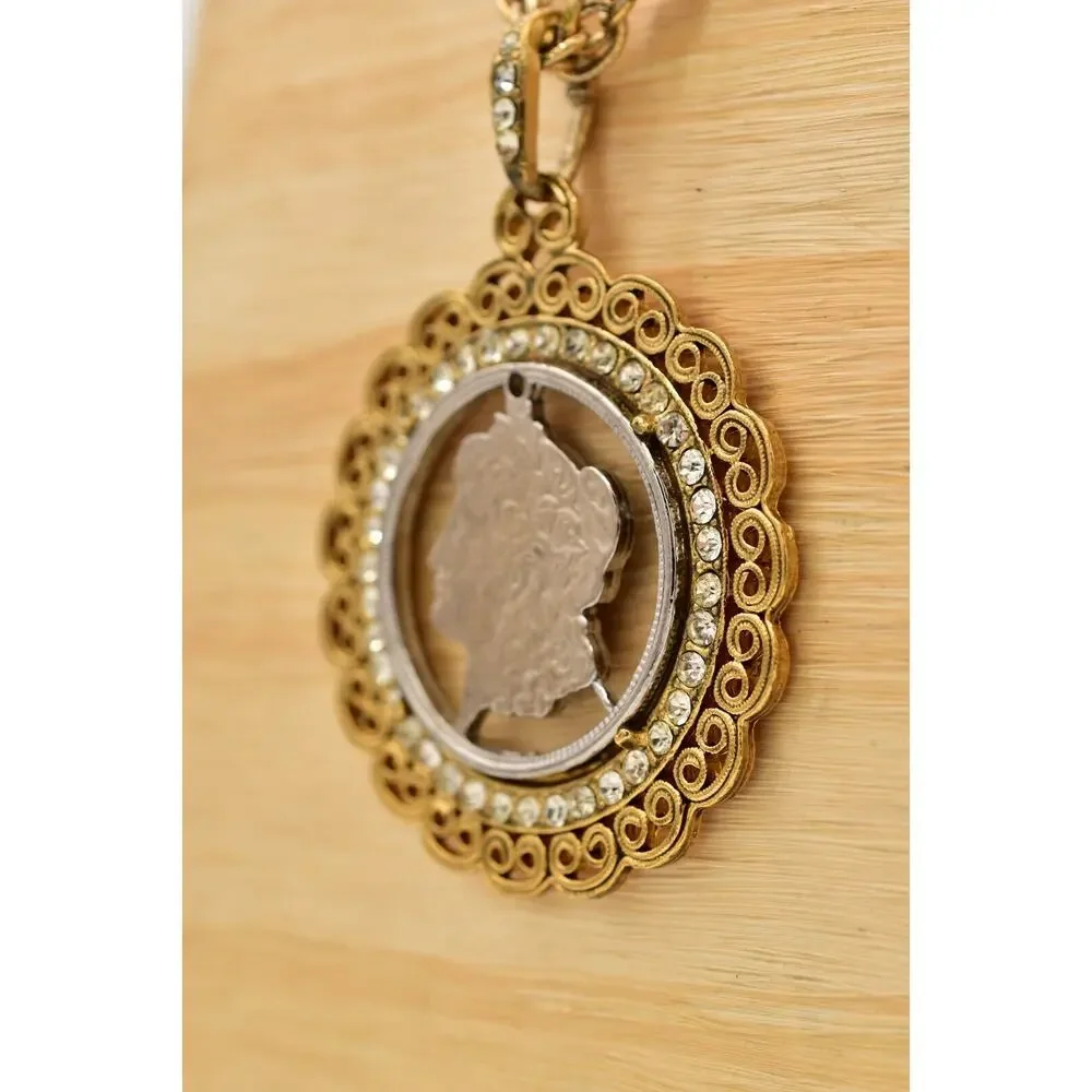Vintage Carved Coin Heavy Pendant Necklace Crystal Chain Gold Chunky 1970s BinBH